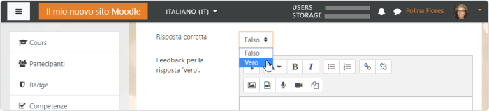 Imposta la risposta corretta in una domanda Vero/Falso in Moodle