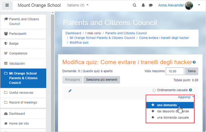 Aggiungere una nuova domanda a un test di Moodle in italiano