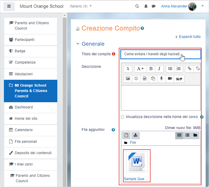 Aggiungere un nuovo compito a un corso in un tutorial Moodle