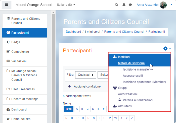 Metodi di iscrizione a un corso Moodle in italiano