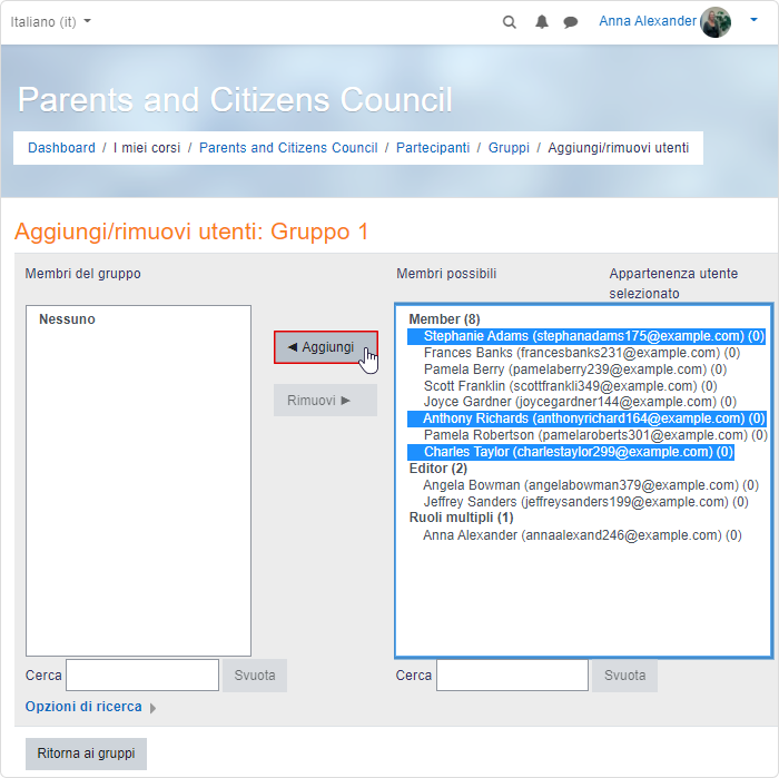 Aggiungere gli utenti a un gruppo in un manuale Moodle