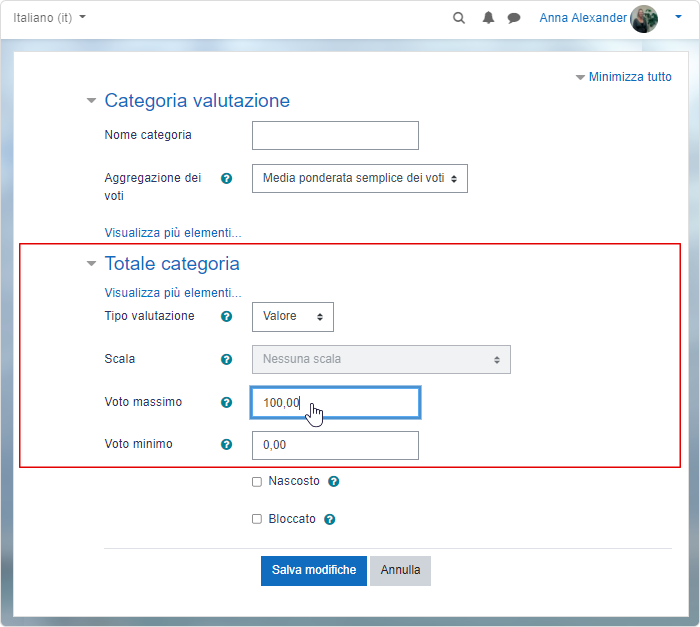 Impostazioni del peso delle categorie nel registro valutatore di un corso Moodle in italiano