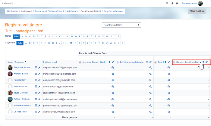 Valutare i compiti di un corso in un tutorial Moodle