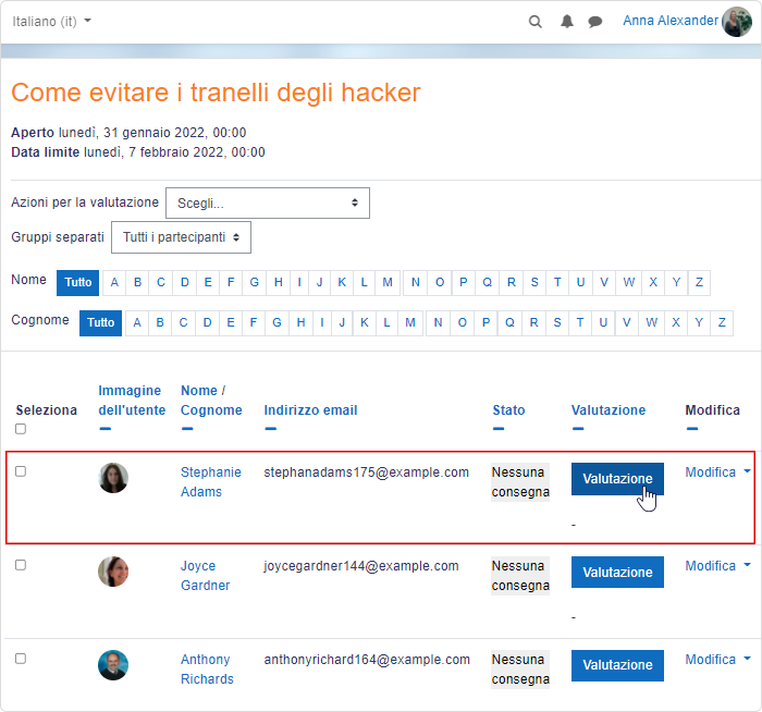 Visualizzare le consegne degli studenti su Moodle in italiano