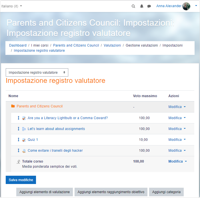 Impostazioni registro valutatore di un corso Moodle in italiano