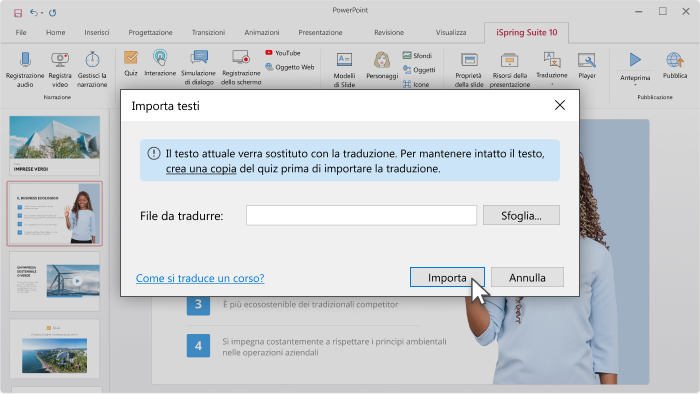 Come importare la traduzione nel corso