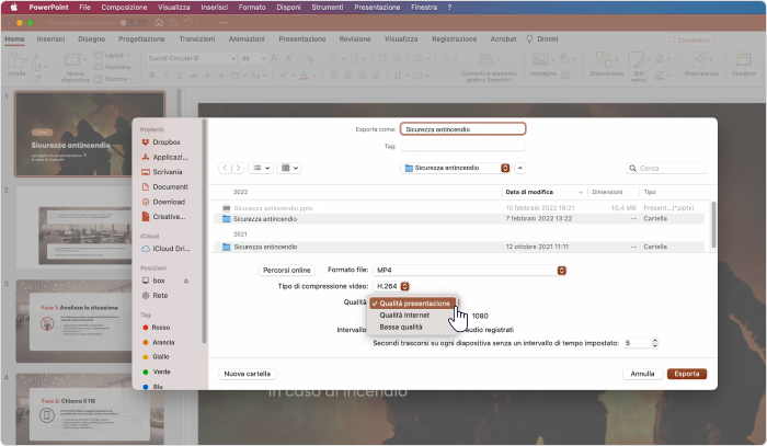 Selezionare la qualità del video in PowerPoint su Mac