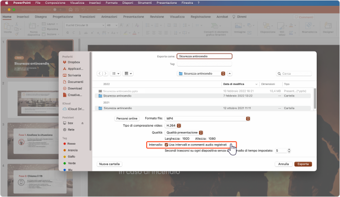 Usa intervalli e narrazioni registrati in PowerPoint su Mac
