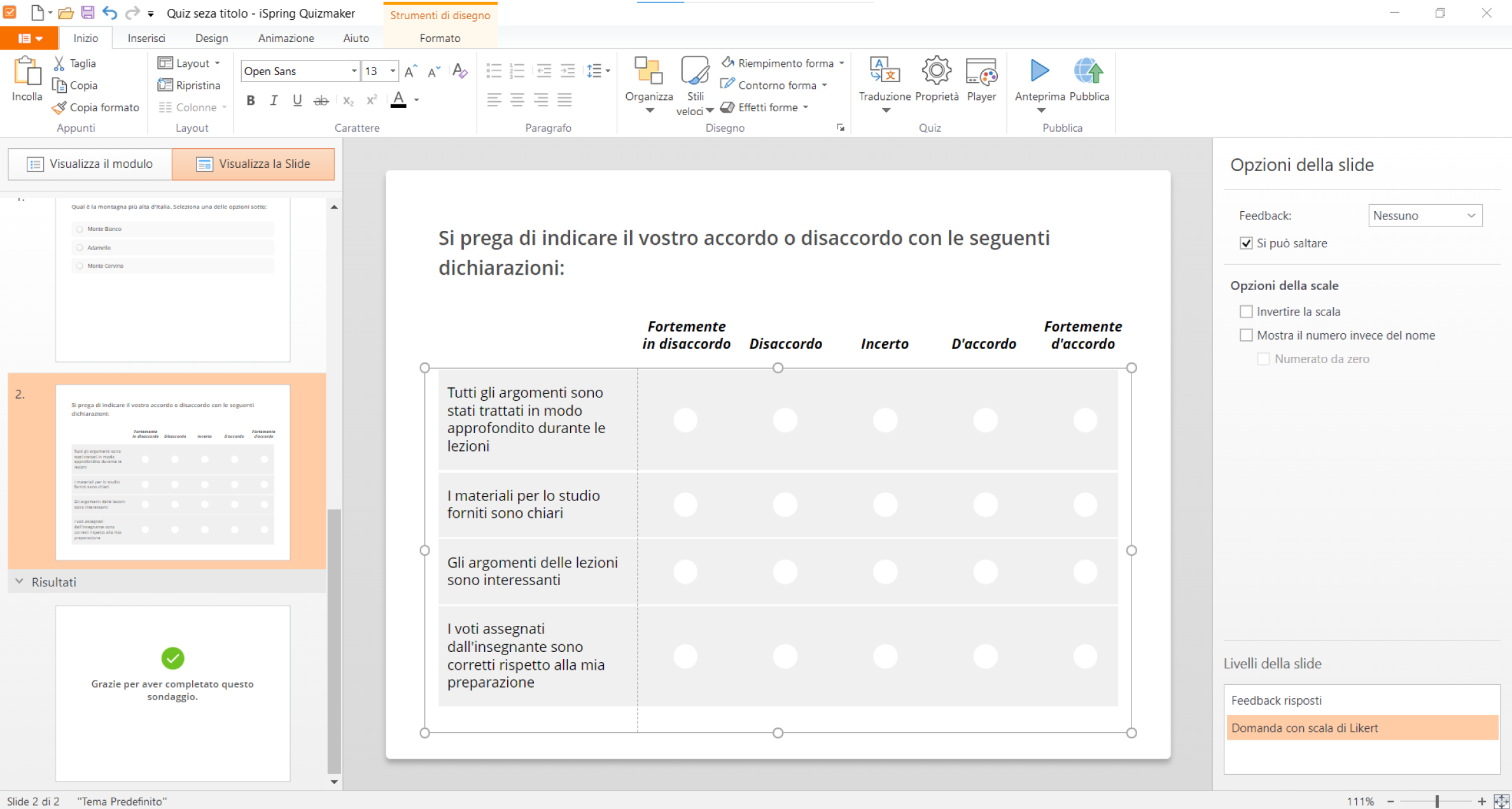 Personalizza il quiz